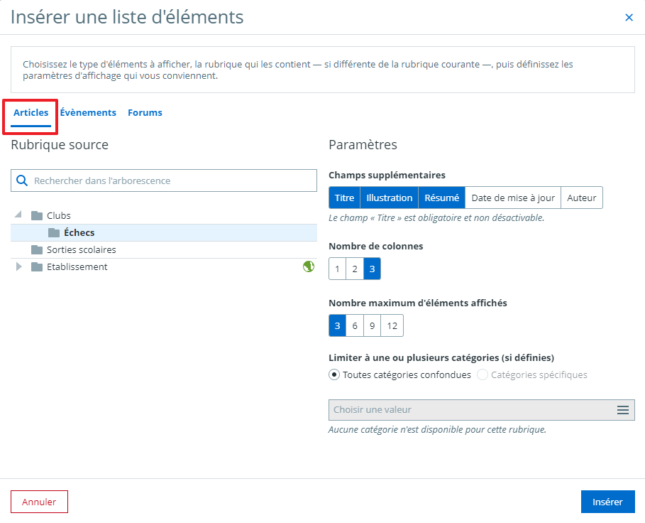 Liste d'éléments - Articles 1