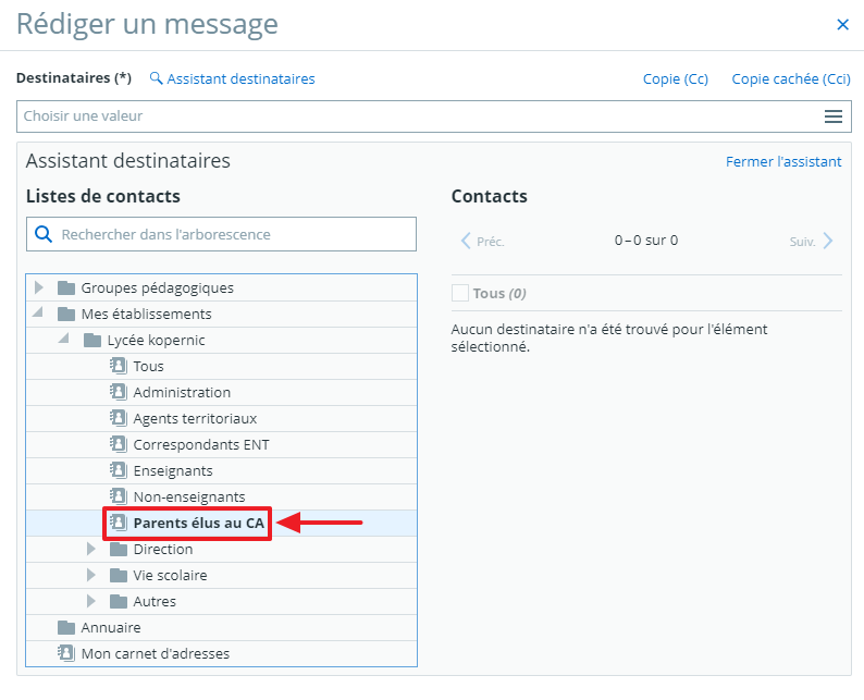 Parents délégués dans l'assistant destinataire